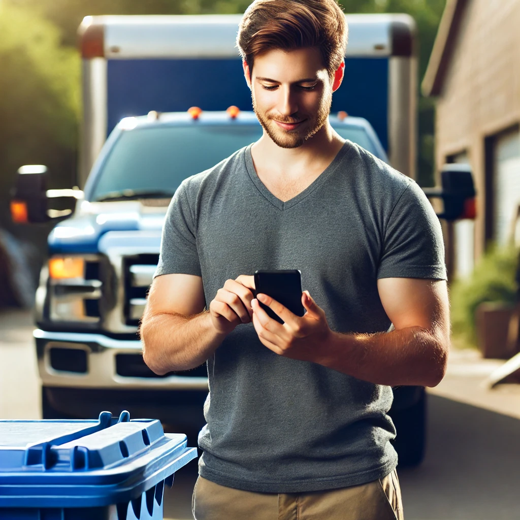 How to get junk removal jobs, a man stands in front of his junk removal truck, engaging with customers online through his phone.